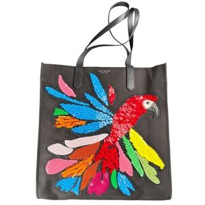 Kate Spade New York Sequin Parrot Tote Black Canvas Leather Handles